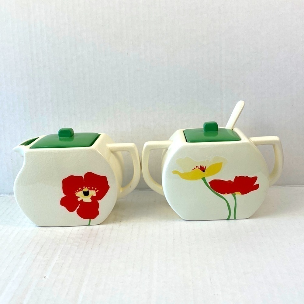 Russ Berrie Vintage Style Cream And Sugar Three Pieces Poppies Retro Style